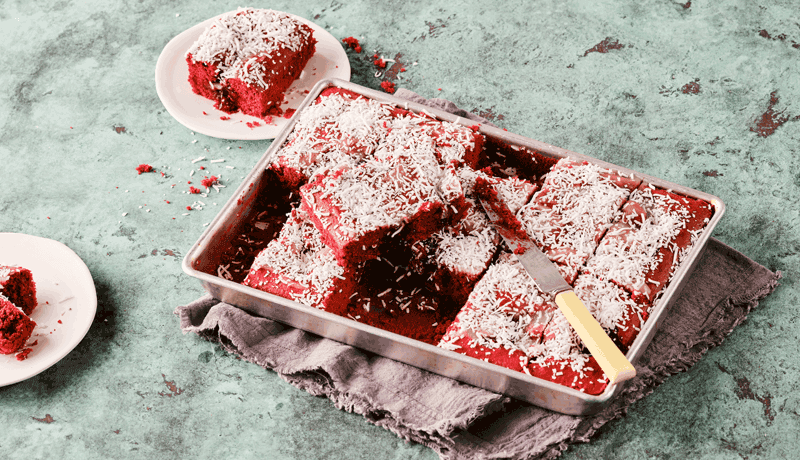 Red velvet lamington sheet cake