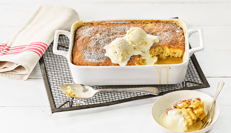 Self-saucing caramel rainbow pudding