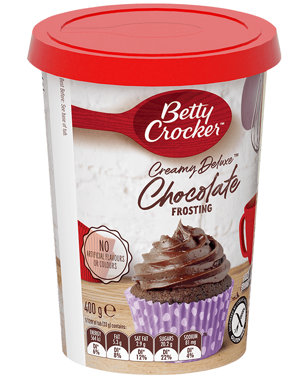 tub of betty crocker creamy deluxe chocolate frosting featuring cupcake topped with swirls of frosting