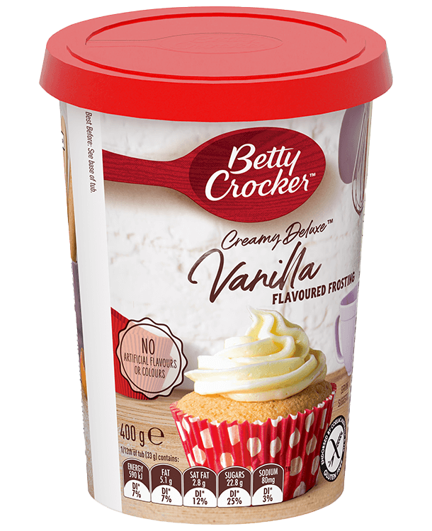 tub of betty crocker creamy deluxe vanilla frosting featuring cupcake topped with swirls of frosting