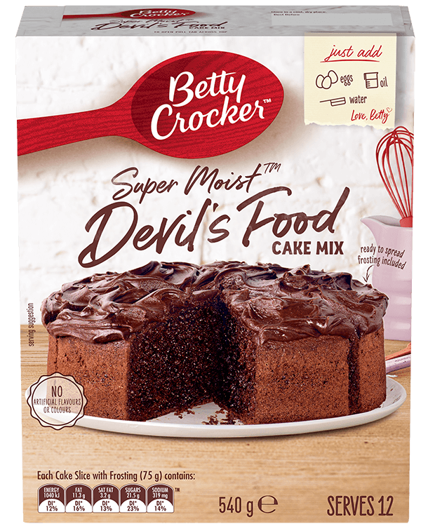 packet of betty crocker super moist devils food cake mix featuring chocolate cake and nutrition info