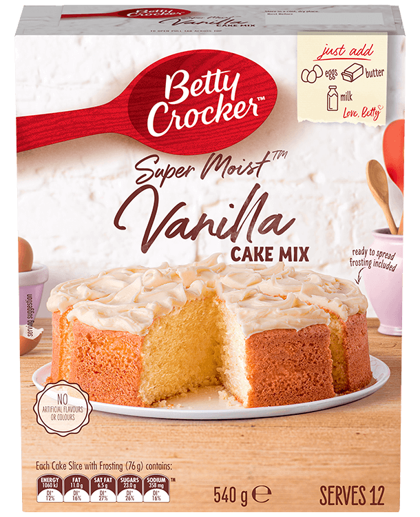 packet of betty crocker super moist vanilla cake mix featuring vanilla cake and nutrition info